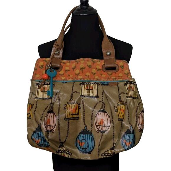 FOSSIL KEY-PER Bird Cage Coated Canvas Med/Lg Shoulder Tote Bag Handbag Purse - Picture 1 of 9